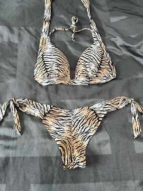 Victoria's Secret Beige and Black Tiger-Print Tie-Side Bikini